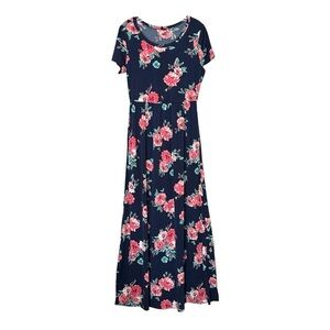 Boutique Maxi Dress Size L Navy Floral Print Stretchy Flowy Wedding Guest